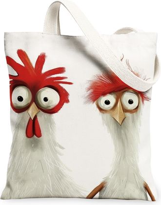 Generic Playful Chicken Canvas Tote Bags, Cartoon Animal Design Reusable Grocery Bags, Lightweight Washable Shoulder Strap Canvas F, White, 13x15 Inch