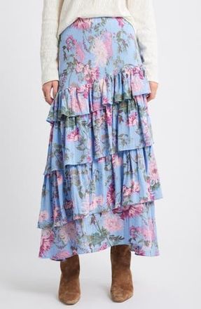 Treasure & Bond Floral Tiered Ruffle Maxi Skirt in Blue Garden Floral at Nordstrom Rack, Size Xx-Small