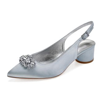 Generic Wedding Shoes Womens Low Heels Pointed Toe Bridal Heels Comfortable Satin Chunky Heels Prom Party Dress Shoes 4.5Cm,Silver,3 UK
