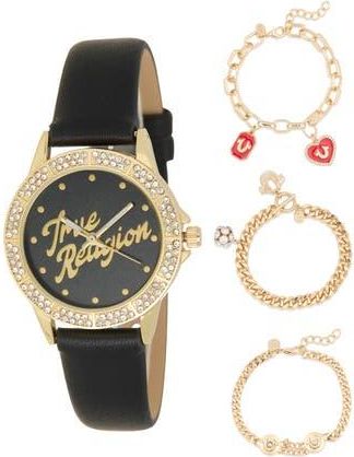 True Religion Angled Logo Faux Leather Strap Watch & Bracelets Set, 26.5mm in Gold at Nordstrom Rack
