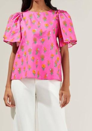 Sugarlips Floral Flutter Sleeve In Fuchsia