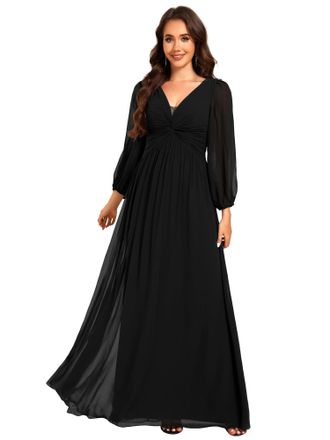 Ever-pretty Women Dress Evening Dress with Deep V Long-Sleeve Waist Pleated Design Flowing Elegant Chiffon Dress Black 22UK