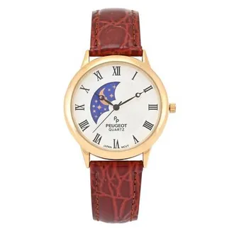 Peugeot Vintage Left Window Sun Moon Leather Watch- 38MM in Brown at Nordstrom