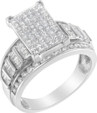 House of Brilliance 14K White Gold 2.0 Cttw Mixed-Cut Diamond Rectangle Invisible-Set Composite Cluster Ring with Bar- and Channel-Set Band
