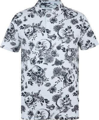 Firetrap Polohemd voor heren met bloemen- en doodskopmotief over het hele oppervlak (Wit, Zwart)