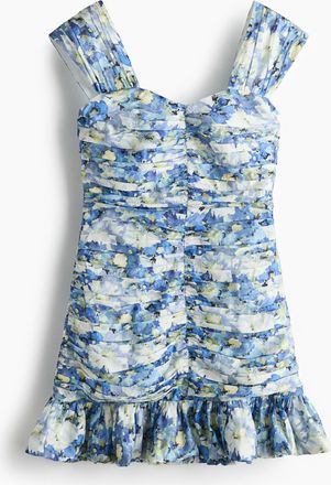H&M Kleid mit Raffungen und Volant - Blau/Gebl&uuml;mt