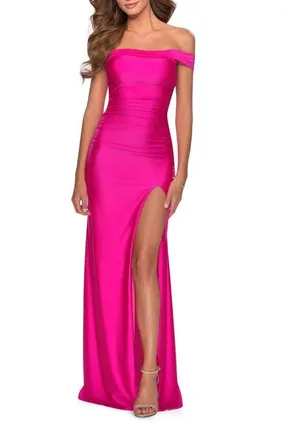 La Femme Off the Shoulder Dress with Tie Back and Slit in Hot Pink at Nordstrom, Size 12