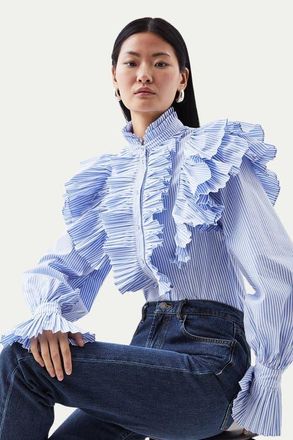 Karen Millen Pleated Striped Ruffle Woven Shirt at Nordstrom, Size 12