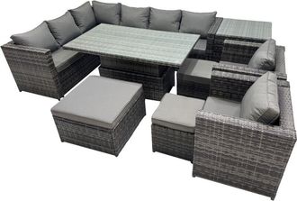 Fimous Fimous 11-seater Height Adjustable Rising Lifting Table Corner Sofa Set Rattan Garden Furniture Dining Set with 3 Stool Side Table Dark Grey Mixed