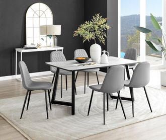 Furniturebox Carson White Marble Effect Dining Table & 6 Corona Black Leg Chairs in Grey
