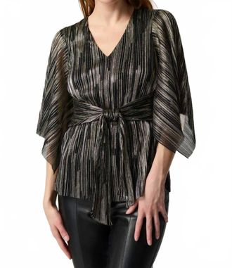 Joseph Ribkoff Pleated Foil Knit Top With Shirred Waist And Sash In Black/gold