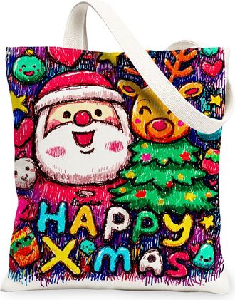 Generic Holiday Cheer Canvas Tote Bags, Fun Festive Pattern Reusable Grocery Bags, Vibrant Lightweight Washable Shoulder Strap Canv, Multi-color, 13x15 Inch