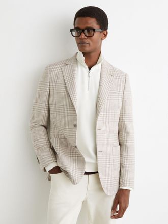 Reiss Soft Grey Cotton and Wool Single-breasted Blazer Classic-fit in Check, 42