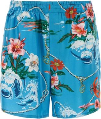 Gucci Badmode, Heren, Blauw, L, Shorts van Bedrukte Zijde Twill