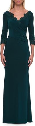 La Femme V-Neck Lace Trim Gown with Three-Quarter Sleeves in Emerald at Nordstrom, Size 14