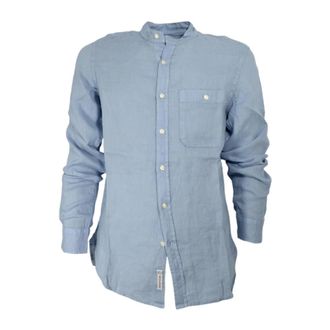 Woolrich Casual Shirts, male, Blue, Size: S Band Collar Linen Shirt