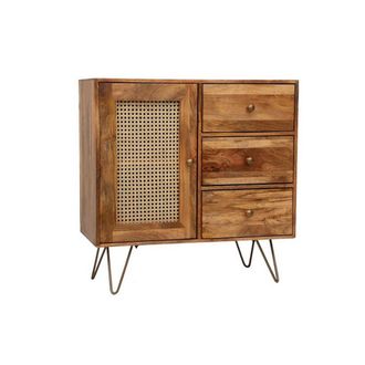 Jaipur Furniture Nyack Small 3 Drawer Sideboard - Mango Wood/Iron - L40 x W90 x H87 cm - Light Brown with Natural Rattan - Assembly Required