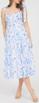 August Sky Shoulder Tie Floral Midi Dress in Blue Multi at Nordstrom Rack, Size Medium