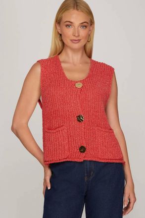 She + Sky Sleeveless Crochet Sweater Vest In Red
