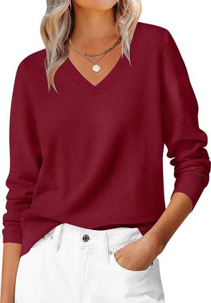 Generic Winter Jumpers for Women UK Trend Solid Color V Neck Long Sleeve Sweater Soft Linght Weight Casual Knitwear red M 38