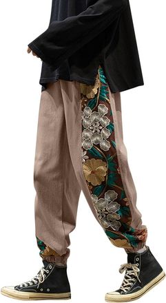 Generic Mens Embroidered Harem Trousers Hippie Casual Boho Yoga Trousers Japanese Style Loose Straight Leg Lounge Jogger Sweatpants Ankle Length Pants with Po
