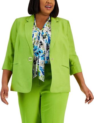 Kasper Blazer Jacket Womens Kiwi Lined Linen Notch Lapel 3/4 Sleeve FTS1211