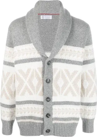 Brunello Cucinelli MenS Light Grey Patterned Shawl Cardigan, Size 42