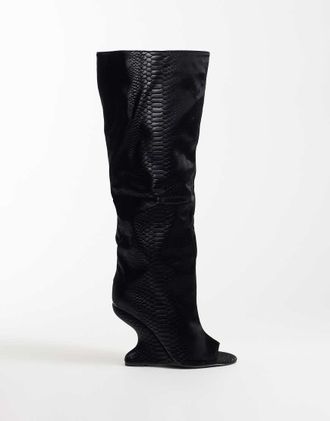 Azalea Wang Azalea Wang Vincent stivali al ginocchio con punta scoperta sleek neri effetto serpente-Nero
