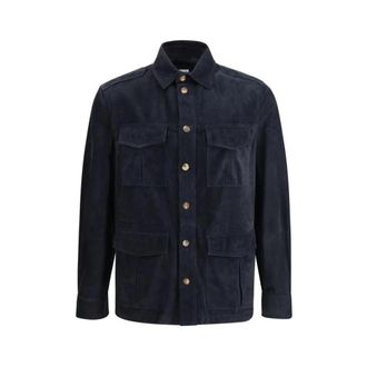 Brunello Cucinelli Su&egrave;de Leren Overhemdjas met Klepzakken - Heren - Zomerjassen - Blauw - M - Su&egrave;de - Jassen