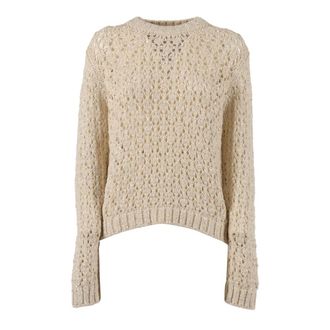 Fabiana Filippi Round-neck Knitwear, female, Beige, Size: XS Maglia Girocollo in Fettuccia Stampata Paillettes P. Rombi
