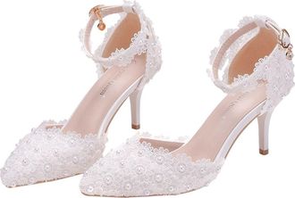 Supvox Wedding Shoes Lace Pointy Toe Shoes High Heeled Sandals for Bridal Dress Occasion Women White