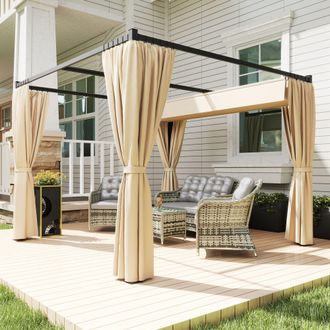 OUTSUNNY 3 x 3(m) Pergola with Retractable Roof & Curtains in Khaki