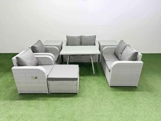 Fimous 7 Seater Rattan Garden Furniture Sets Outdoor Love Sofa Set in Light Grey