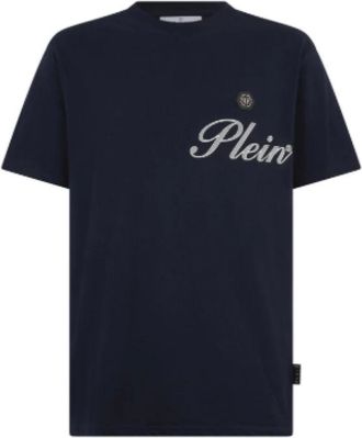 Philipp Plein Tops, Heren, Blauw, L, Katoen, Logo T-shirt met ronde hals