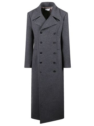 The Nina Studio Long Double-Breasted Coat With Classic Lapels In Grey Wool