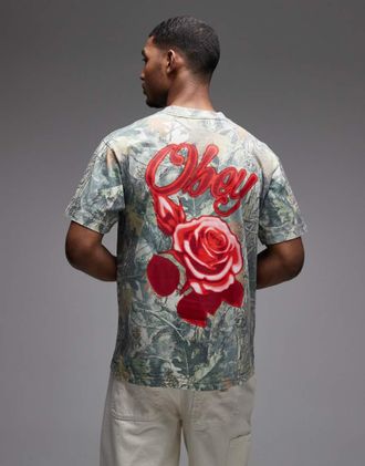 Obey Real Tree Camo - T-shirt multicolore con stampa grafica di rose graffiti sul retro