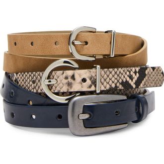 Steve Madden Assorted 3-Pack Buckle Belts in Off White-Navy-Camel at Nordstrom Rack, Size X-Large