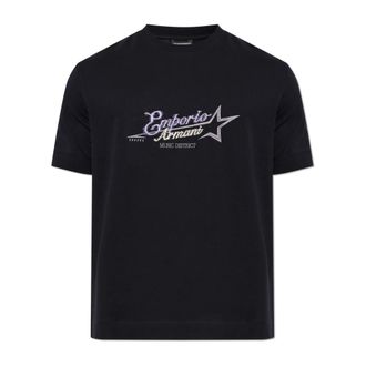 Emporio Armani T-shirt met geborduurd logo - Heren - T-shirts - Blauw - L - Katoen - Tops