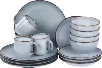 Beliani Beliani - Conjunto De 16 Piezas De Gres Azul Claro Marr&oacute;n 4 Personas A Mano Esmalte Juniper