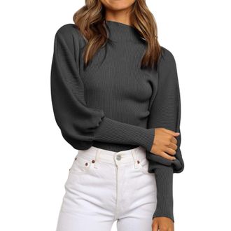 Generic Polo Neck Jumpers for Women Trendy Balloon Sleeve Ribbed Knitted Jumpers Autumn Winter Turtleneck Cropped Sweaters Dressy Pullover Sweaters High Neck 