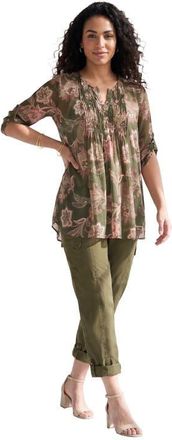 Roaman's Plus Size Tara Pleated Shirt Adjustable 3/4 Sleeve Swing Tunic With Notch Collar in Dark Olive Bali Paisley at Nordstrom, Size 32