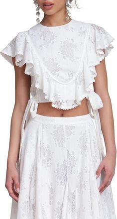 Avec Les Filles Lace & Ruffle Crop Top in White at Nordstrom, Size X-Large