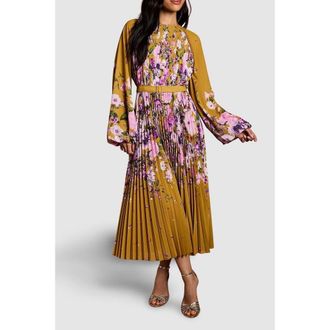 Coast Floral Pleated Georgette Midi Dress in Mustard at Nordstrom, Size 8