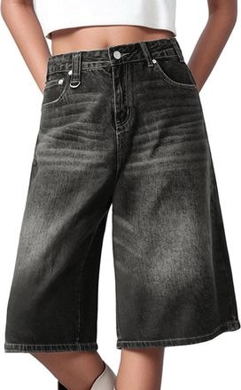 Generic 3/4 Jeans Womens Baggy Denim Trousers Summer Y2k Hip Hop Jorts Wide Leg Vintage Destroyed Short Jeans Leisure Three-Quarter Trousers Teenagers (Black,