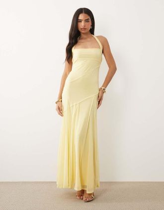 Asos Vestito lungo allacciato al collo in chiffon elasticizzato color limone con cuciture grezze-Giallo