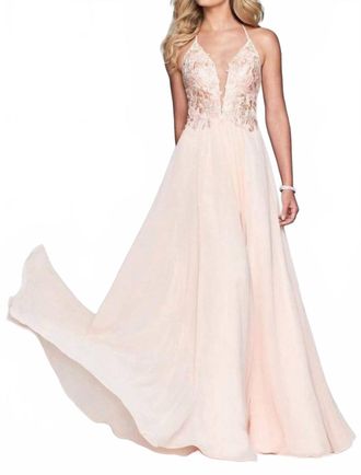 Faviana Halter Lace Up Back Gown In Light Peach