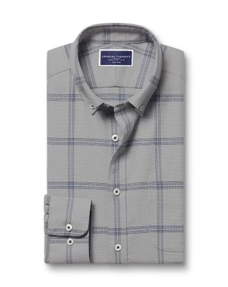 CHARLES TYRWHITT Button-Down Collar Non-Iron Twill Large Grid Checkered Cotton Shirt - Light Grey by Charles Tyrwhitt