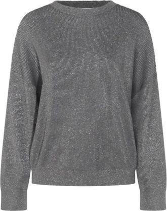 Brunello Cucinelli Grijze Lurex Sweater- Drop Shoulder- Lange Mouwen - Dames - Ronde hals truien - Grijs - M - Katoen - Truien & Vesten