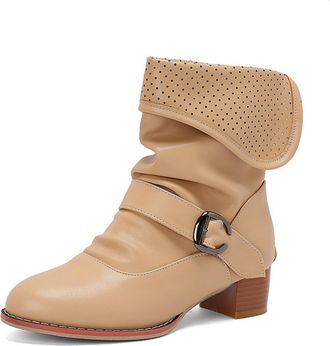 Generic Womens Chunky Mid Heel Short Boots PU Leather Ankle Boots with Back Zipper Round Toe Casual Boot with Buckle,Apricot,4.5 UK