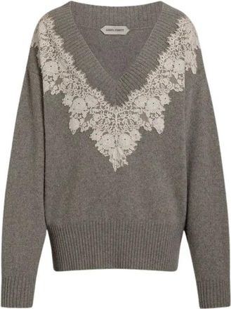 Alberta Ferretti Truien & Vesten, Dames, Grijs, M, Kasjmier, Cashmere V-hals trui met kanten inzet